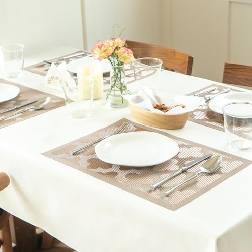 Placemats Set of 6 Vinyl/Plastic Woven Place Mats for Kitchen Table Indoor/Outdoor Washable Placemat Wipeable Dining Table Mats (Dark Brown Clover,6)