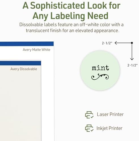 Avery Dissolvable Round Labels, Sure Feed Technology, 2.5" Diameter, Matte White, Print-to-The-Edge, Laser/Inkjet Printable, 90 Labels Total