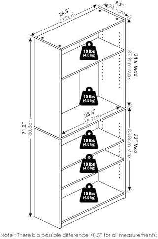 Furinno Jaya 5-Tier Book Shelf with Adjustable Shelves, Amber Oak