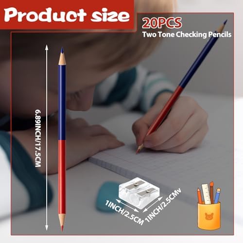 20 PCS Checking & Grading Pencils, Red and Blue Double Ended Erasable Pencils with Sharpeners, Pre-Sharpened #2 HB Back to School Supplies for Teachers, Testing, Office & Map Marking(20)
