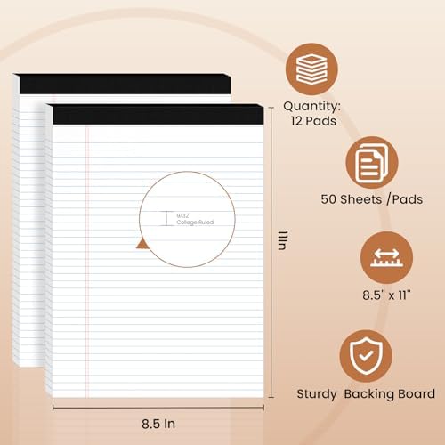 12pcs Legal Pads 8.5 x 11, Perforated White Notepad 8.5x11, 50Sheets/Pad