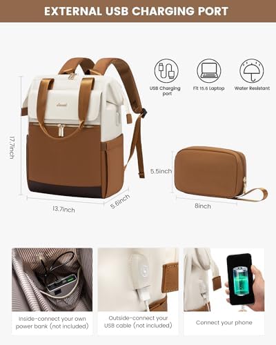 LOVEVOOK Laptop Backpack for Women with Giant Tumbler Holder, 15.6 Inch Work Laptop Bag with USB Port, Fashion Teacher Nurse Backpack Purse, Waterproof Travel Computer Backpack, 2PCS,Off-white-Yellow