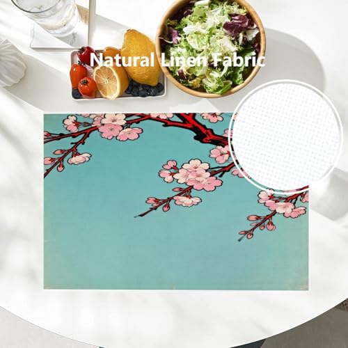 Batmerry Shabby Chic Cherry Blossom Linen Placemats Set of 4, Turquoise Vintage Washable Table Mats for Kitchen Table Thickened Heat Insulation Dining Set Indoor Outdoor 12X18 in