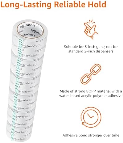 Amazon Basics 2.83 Inch Wide Packing Tape, Fits 3-Inch Dispensers, Crystal Clear, Low Odor, for Moving, Storage, Shipping and Sealing Boxes, 54.6 Yards, 6-Pack