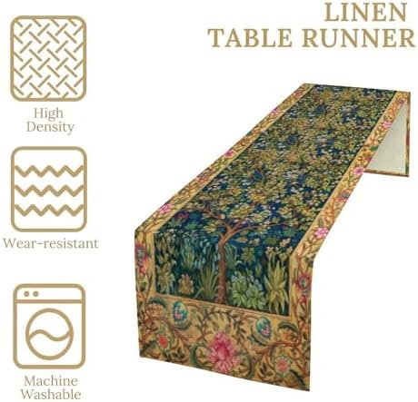 William Morris Table Runner, Boho Rustic Ethnic Tree of Life Flower Original Design Print Table Runner for Home Party Dining Room Kitchen Decor 13x60 Inch