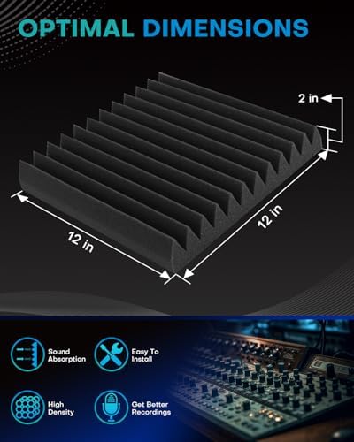 Knightsacoustic 24 Pack Sound Proof Foam Panels for Walls with Self Adhesive, 12x12x2 Acoustic Foam Panels, High Density Acoustic Panels Sound Absorbing, Fire Resistant Studio Sound Proofing Black