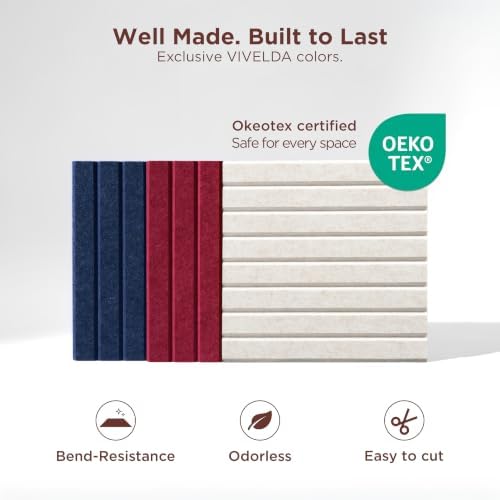VIVELDA Large Felt Bulletin Board 48 x 36 Inch - 12-Pack Square Acoustic Wall Panels, Cork Board Alternative, NRC 0.95, Damage-Free Adhesive, Slatted Design for Home, Classroom (Sage)