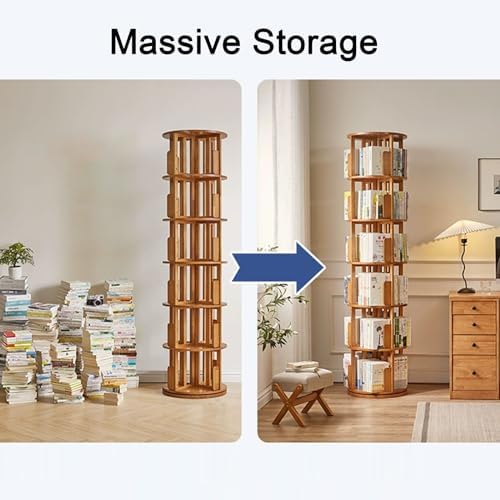 GAMAK Rotating Bookshelf Tower for Kids 360 Display 4 Tier Floor Standing Bookcase Tall Skinny Wood Bookcase Spinning Bookshelf for Bedroom Living Room Study Room (Color : Wood)