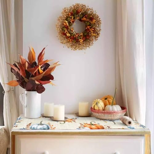 Fall Pumpkin Table Runner Dresser Scarf 13 x 60 Inch Blue Orange Maple Leaf Rustic Table Runners Non-Slip Heat Resistant Kitchen Dining Table Decor for Autumn Thanksgiving Holidays Indoor Outdoor