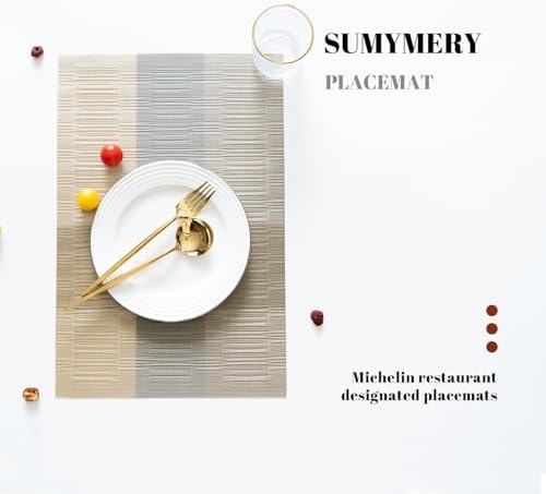 Placemats Set of 12 Vinyl/Plastic Woven Place Mats for Kitchen Table Indoor/Outdoor Washable Placemat Wipeable Dining Table Mats (Ombre Glod,12)