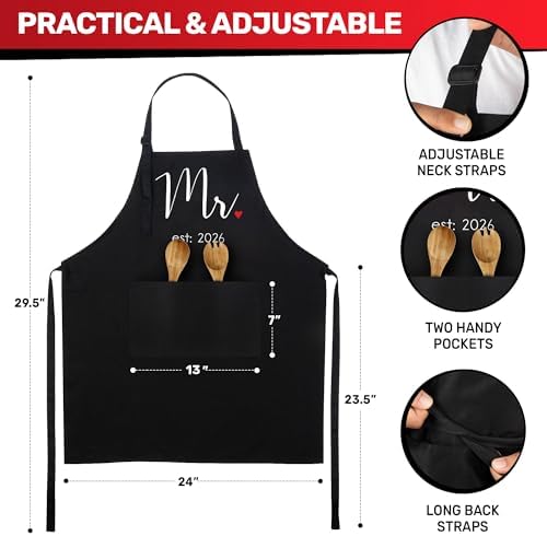 Prazoli Products Mr Mrs Apron Set - Engagement Gifts, Wedding & Bridal Shower Gifts for Couple (Mr. & Mrs. Est: 2026 - Red, Standard)