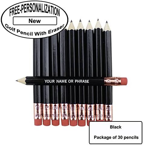 EZPENCILS & GIFTS - Golf Pencils Tipped with Eraser (1/2 a Pencil - Pew Pencils) - Black Colored Barrel - FREE-PERSONALIZATION - 2HB Black Lead - Custom Text - Non-Smear Eraser – Package of 30