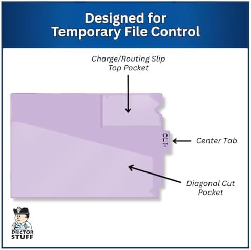 Doctor Stuff - Center Tab Vinyl Out Guides, Diagonal Cut Front Pocket, Top Charge Out Slip Pocket, Plastic File Folder, Letter Size 9" x 13-1/4", Lavender, 100/Box
