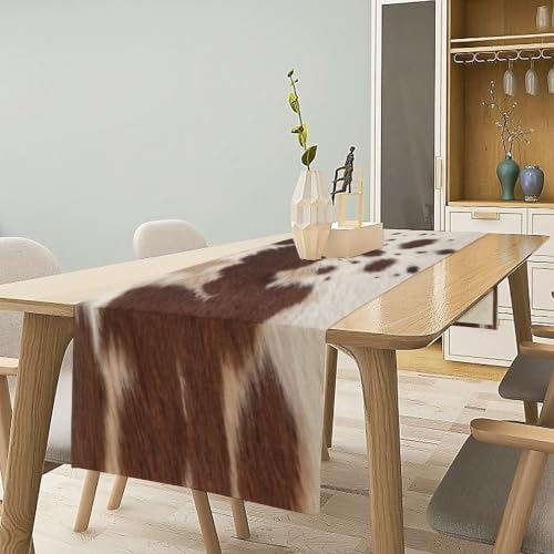 Cow Print Table Runner, Brown Cowhide Print Western Style Table Runner Country Farmhouse Cottage Cow Patten Table Decoration for Home Kitchen Dining, 13x36 Inch
