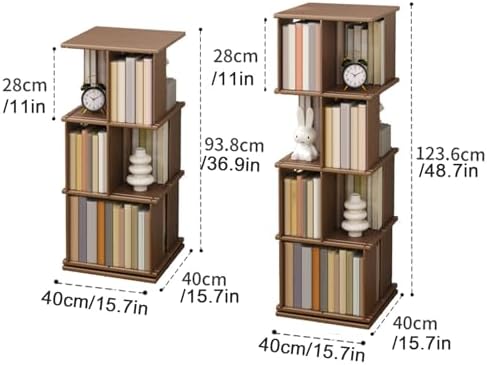 GAMAK Rotating Bookshelf Kids 360 Display 3-4 Tier Revolving Bookcase with Brake Wheels Floor Standing Bookcase Narrow Bookshelf for Small Spaces Natural Wood (Color : Walnut, Size : Landing_Three)