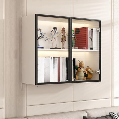 Wall Hanging Lateral Filing/Vertical Timber Wall Unit Transparent Glass Door Shelf Wall-Mounted Wood Bookcase Action Figure Model Storage Cabinet Display Case Warm White 31" L x 10" W x 26" H