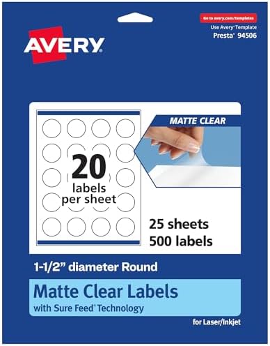 Avery Matte Clear Round Labels, Sure Feed Technology, 1.5" Diameter, 500 Matte Clear Labels, Print-to-The-Edge, Laser/Inkjet Printable