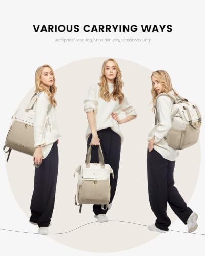 LOVEVOOK Laptop Backpack for Women with Giant Tumbler Holder, 17.3 Inch Work Laptop Bag with USB Port, Fashion Teacher Nurse Backpack Purse, Waterproof Travel Computer Backpack, 2PCS, Beige-Light Grey