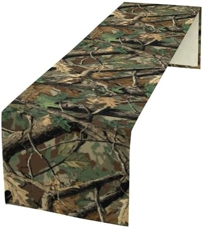 Forest Camouflage Table Runner, Camo Conifer Oak Branches Leaves Military Mossy Lodge Country Camp Cabin Theme Dinner Table Runner for Home Kitchen Dining Table Decoration 13"x60"