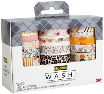 Scotch Washi Tape, Whimsical Design, 15 Rolls, Great for Bullet Journaling, Scrapbooking and DIY Décor (C1017-15-P5)