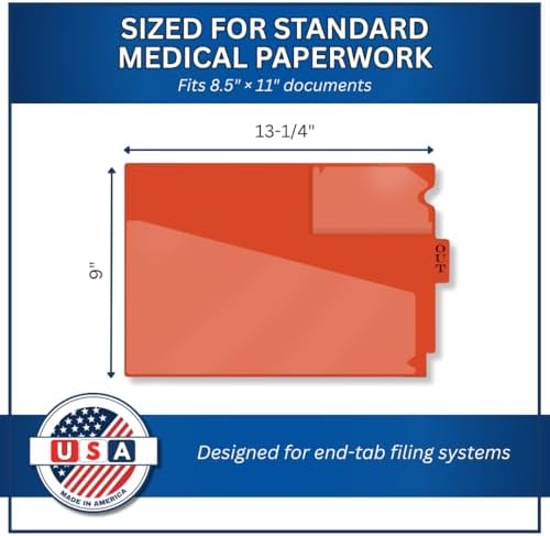 Doctor Stuff - Center Tab Vinyl Outguides, Diagonal Cut Front Pocket, Top Charge Out Slip Pocket, Plastic File Folder, Letter Size 9" x 13-1/4", Orange, 25/Box
