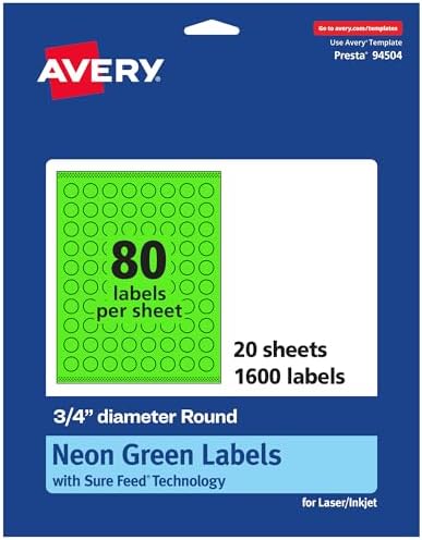 Avery Printable Round Labels, Sure Feed Technology, 3/4" Diameter, Neon Green Labels, Print-to-the-Edge, Laser/Inkjet, 1,600 Total, Great for Price Stickers and Mailing Seals