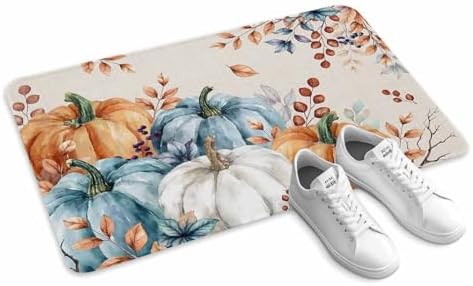Fall Door Mat Orange Blue Pumpkin Doormat Autumn Floral Maple Leaves Harvest Thanksgiving Welcome Mat Non Slip Rubber Entryway Front Rug Floor Mat for Indoor Outdoor Kitchen Autumn Holiday Decor 16x24