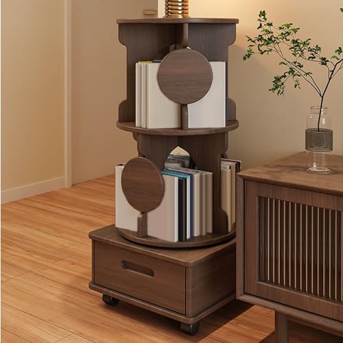 Small Bookshelf with Storage Drawer for Small Spaces Corner Rotating Bookshelf 360 Display 2-4 Tier Revolving Bookcase with Brake Wheels for Bedroom Living Room Study Room ( Color : Wood , Size : Four