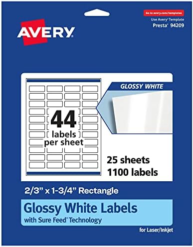 Avery® Glossy White Rectangle Labels, Sure Feed® Technology, 2/3" x 1-3/4", 1,100 Glossy White Labels, Print-to-The-Edge, Permanent Adhesive, Laser/Inkjet Printable