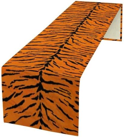 Vintage Tiger Print Table Runner, Rustic Cottage Country Farm Animal Fur Skin Pattern Western Style Black Brown Print Dinner Runner for Home Kitchen Dining Table Decoration 13x36 Inch