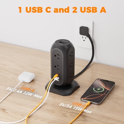 TESSAN Tower Power Strip Flat Plug with 1050J Protection, 10 Ft, Black