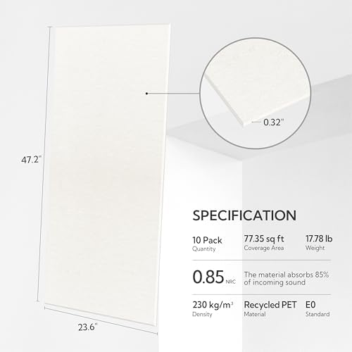 Olanglab Acoustic Wall Panels, 10 Pack, 48" x 24", Plain White
