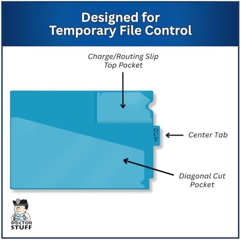 Doctor Stuff - Center Tab Vinyl Out Guides, Diagonal Cut Front Pocket, Top Charge Out Slip Pocket, Plastic File Folder, Letter Size 9" x 13-1/4", Light Blue, 100/Box