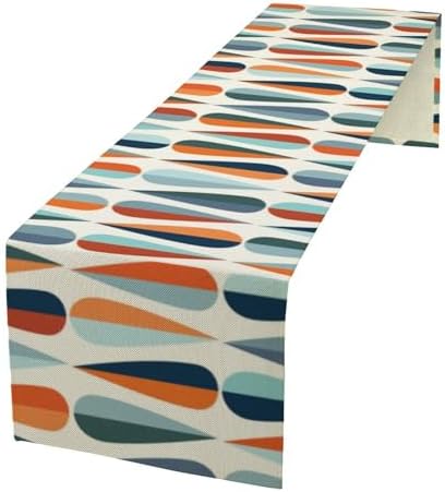 Mid Century Modern Table Runner Retro Blue Orange Grey Water Droplets Geometric Table Runner for Kitchen Dining Room Dining Table Decoration 13x90in
