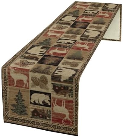 Rustic Bear Table Runner, Vintage Cottage Country Style Pine Tree Elk Wildlife Dinner Runner for Home Kitchen Dining Table Decoration 13"x36"
