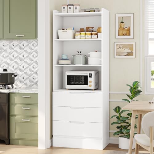 DICTAC 73.23'' Tall Storage Cabinet Bookcase with 3 Drawers and 3-Tier Open Shelves Wooden Bookshelf Kitchen Pantry Storage Organizer Cabinets for Living Room, Study, Kitchen,Bathroom,White