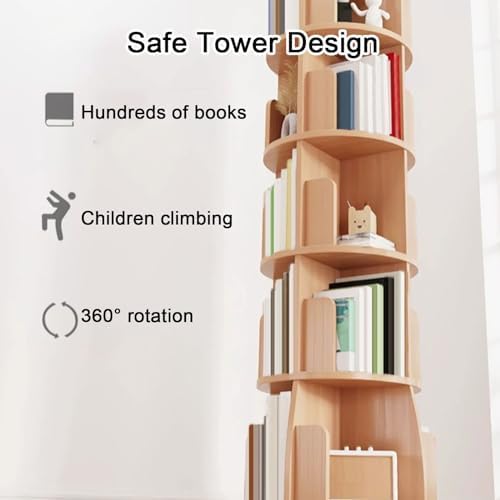 GAMAK Rotating Bookshelf Tower for Kids 360 Display 2-4 Tier Floor Standing Bookcase Revolving Bookcase Tower Small Corner Bookshelf for Small Space (Color : Wood, Size : Round_Three)