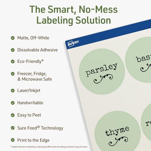 Avery Dissolvable Round Labels, Sure Feed Technology, 2.5" Diameter, Matte White, Print-to-The-Edge, Laser/Inkjet Printable, 90 Labels Total