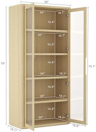Manhattan Comfort Rivington 5-Shelf Bookcase 79" Tall Modern Bookshelf with Soft Close Glass Doors, Adjustable Fit, Handle-Free, Storage Cabinet for Living Room, Bedroom, Office, Set of 3, Natural Oak