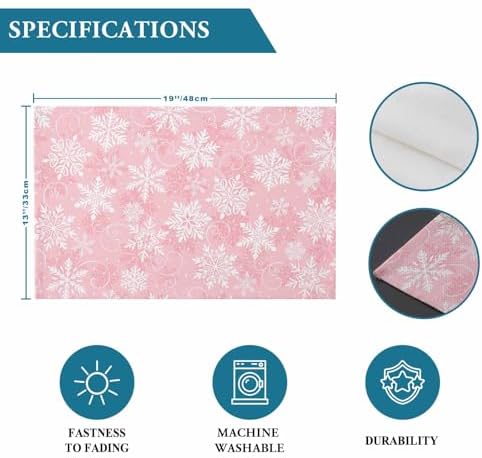 Christmas Placemats Set of 6, Pink White Snowflakes Pattern Heat Resistant Washable Table Place Mats Winter Cotton Table Linens Party Holiday Decor for Kitchen Dining Outdoor Indoor