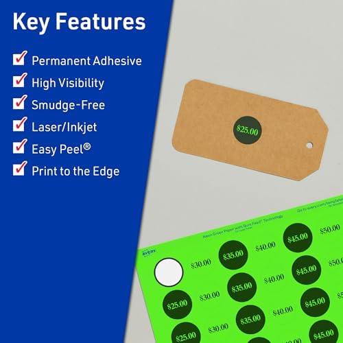 Avery Printable Round Labels, Sure Feed Technology, 3/4" Diameter, Neon Green Labels, Print-to-the-Edge, Laser/Inkjet, 1,600 Total, Great for Price Stickers and Mailing Seals