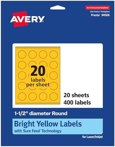 Avery Printable Round Labels, Sure Feed Technology, 1-1/2" Diameter, Bright Yellow Labels, Print-to-The-Edge, Laser/Inkjet Printable, 400 Total, Great for Stickers and Candles