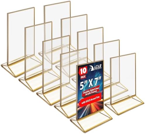 Azar Displays 152799-GLD-10PK Gold Trim Double-Sided Clear Acrylic Frames – Elegant Display Frames for Weddings, Events, and Photos | Premium 5x7 Tabletop Sign Holders (10-Pack)