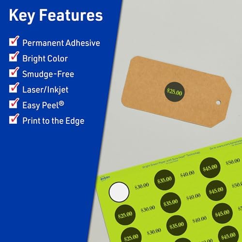 Avery Printable Round Labels, Sure Feed Technology, 3/4" Diameter, Bright Green Labels, Print-to-the-Edge, Laser/Inkjet, 6,400 Total, Great for Price Stickers and Mailing Seals