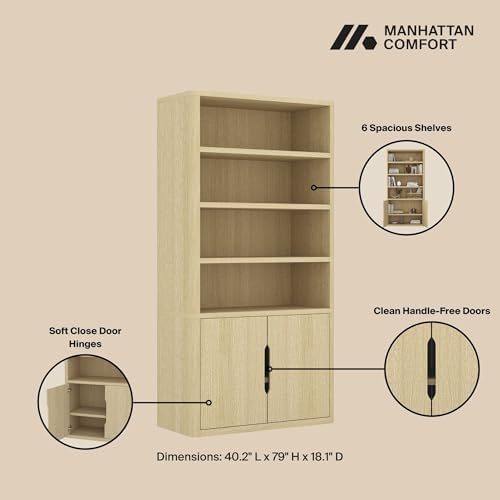 Manhattan Comfort Rivington 79 in Tall Modern Bookshelf with Soft Close Doors, Four Open Shelves and Two Adjustable Shelves, Bookcase Storage Cabinet for Living Room or Office, Set of 3 in Natural Oak