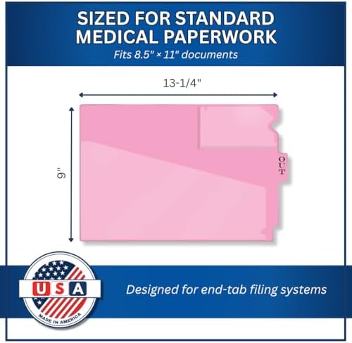 Doctor Stuff - Center Tab Vinyl Out Guides, Diagonal Cut Front Pocket, Top Charge Out Slip Pocket, Plastic File Folder, Letter Size 9" x 13-1/4", Pink, 100/Box