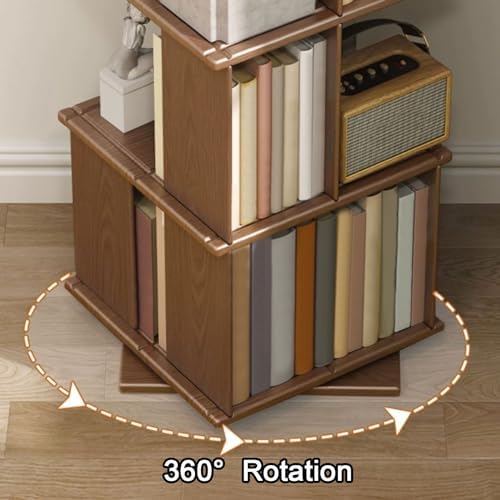 GAMAK Rotating Bookshelf Kids 360 Display 3-4 Tier Revolving Bookcase with Brake Wheels Floor Standing Bookcase Narrow Bookshelf for Small Spaces Natural Wood (Color : Walnut, Size : Moving_Three)