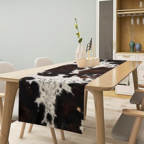 Cow Animal Skin Print Table Runner, Rustic Cottage Country Farm Animal Fur Skin Pattern Western Style Black Brown Cowhide Print Dinner Runner for Home Kitchen Dining Table Decoration 13"x108"