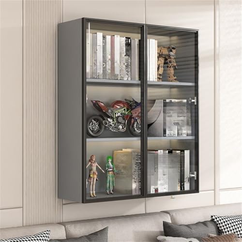 Wall Hanging Lateral Filing/Vertical Timber Wall Unit Transparent Glass Door Shelf Wall-Mounted Wood Bookcase Action Figure Model Storage Cabinet Display Case Grey 24" L x 10" W x 38" H