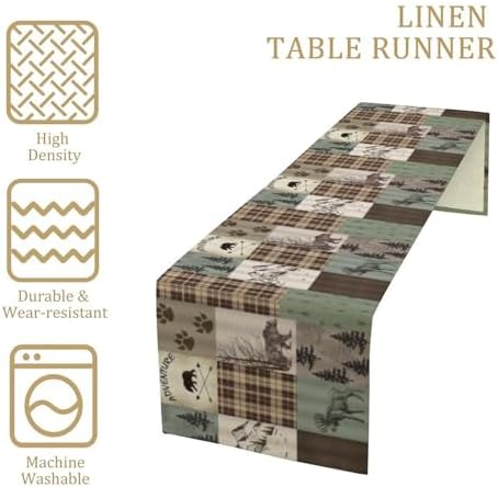 Rustic Moose Deer Bear Table Runner, Retro Vintage Bear Cottage Country Style Cabin Farmhouse Dinner Runner for Home Kitchen Dining Table Decoration 13"x108"